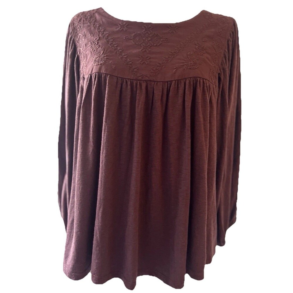 Lucky Brand Top Blouse Women's Large Brown Embroidered Button Front Casual